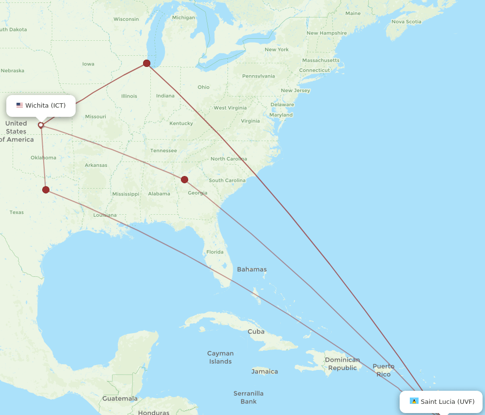 UVF to ICT flights and routes map