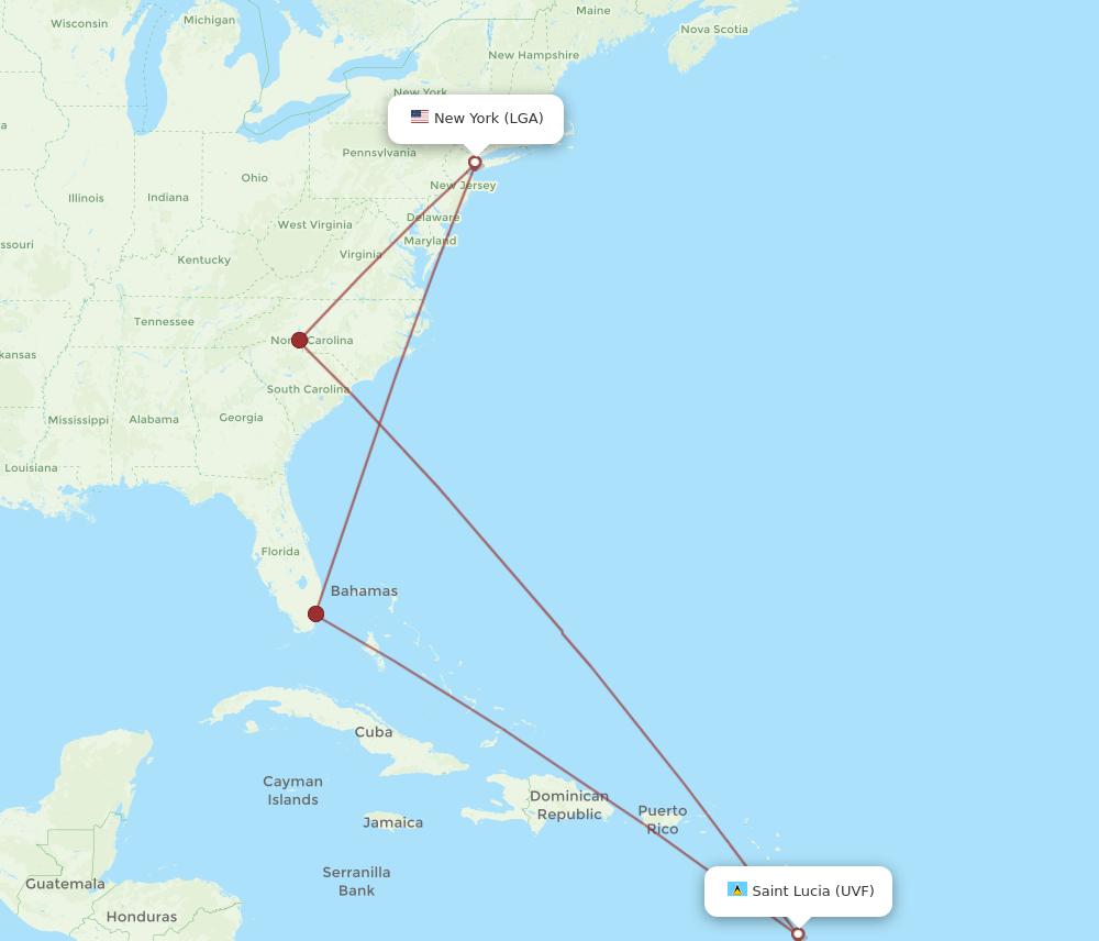 UVF to LGA flights and routes map