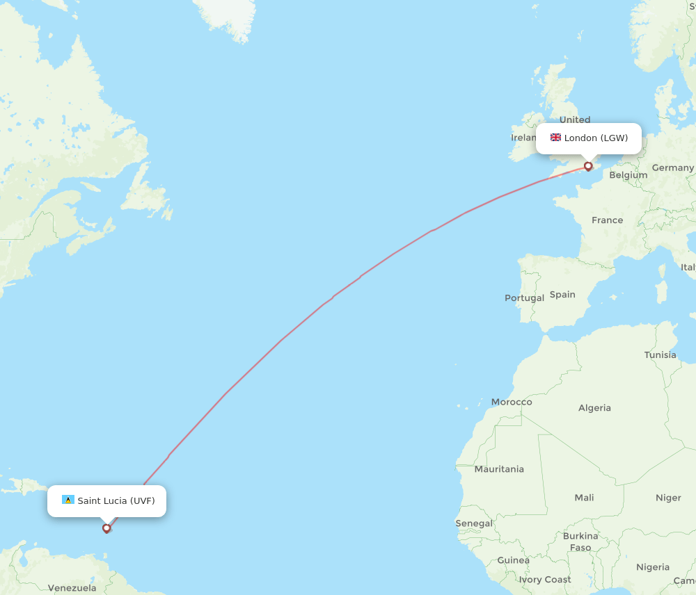 UVF to LGW flights and routes map