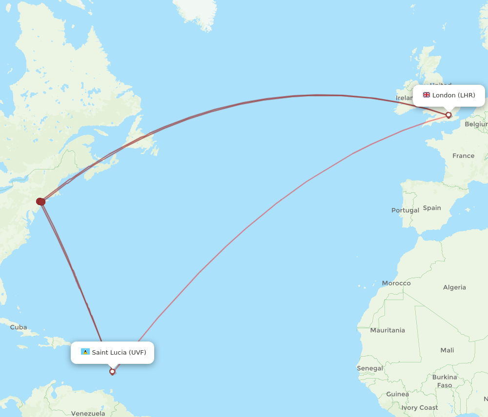 UVF to LHR flights and routes map