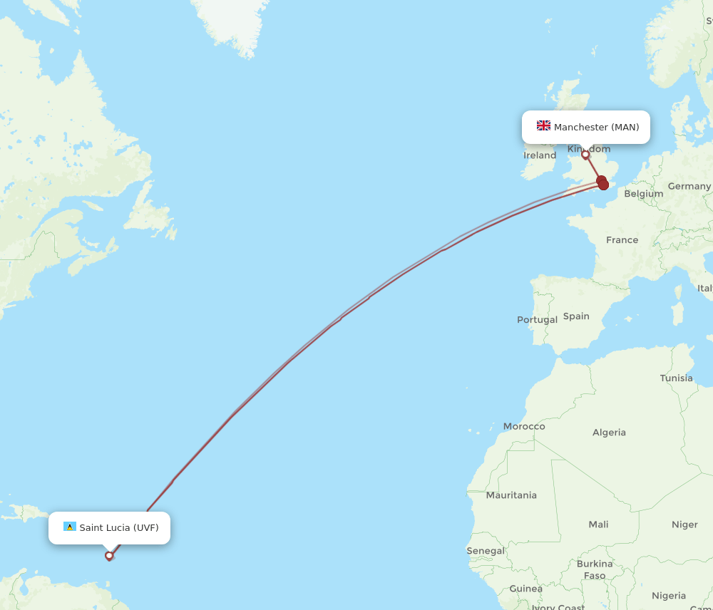 UVF to MAN flights and routes map