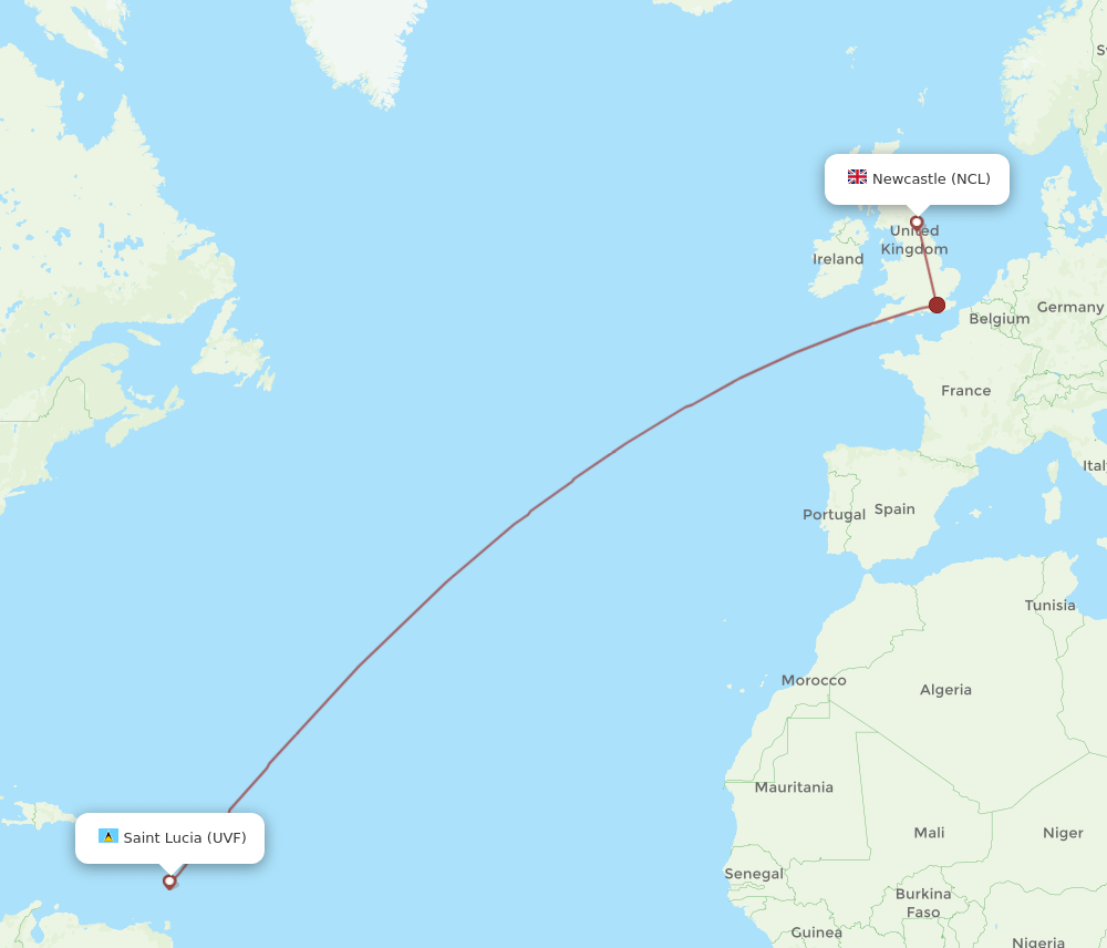 UVF to NCL flights and routes map