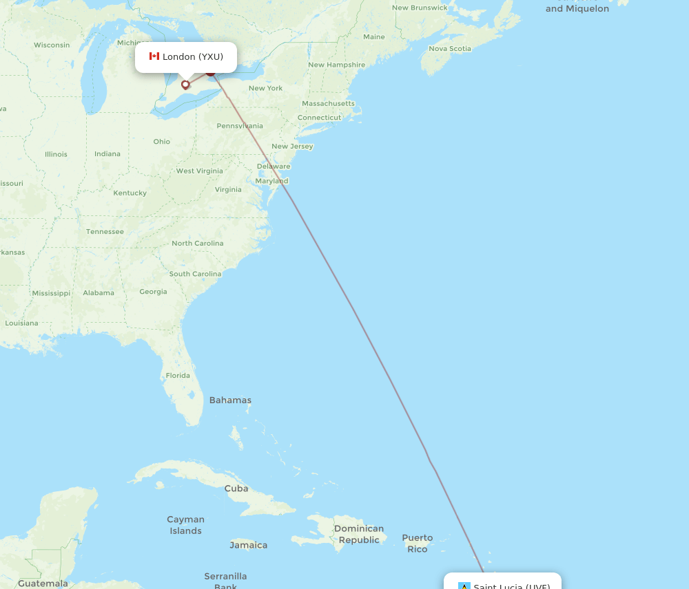 London - Saint Lucia route map and flight paths