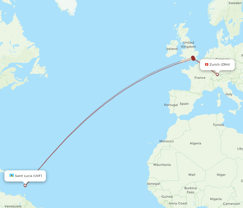 Zurich - Saint Lucia route map and flight paths