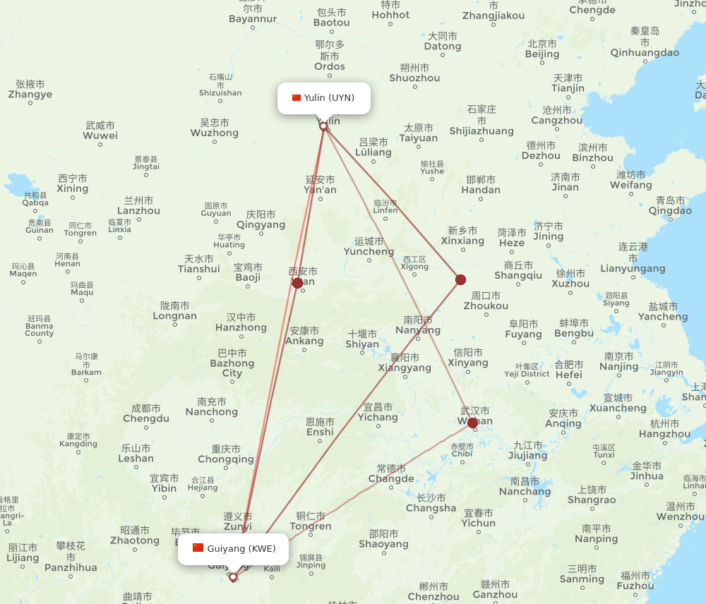 UYN to KWE flights and routes map