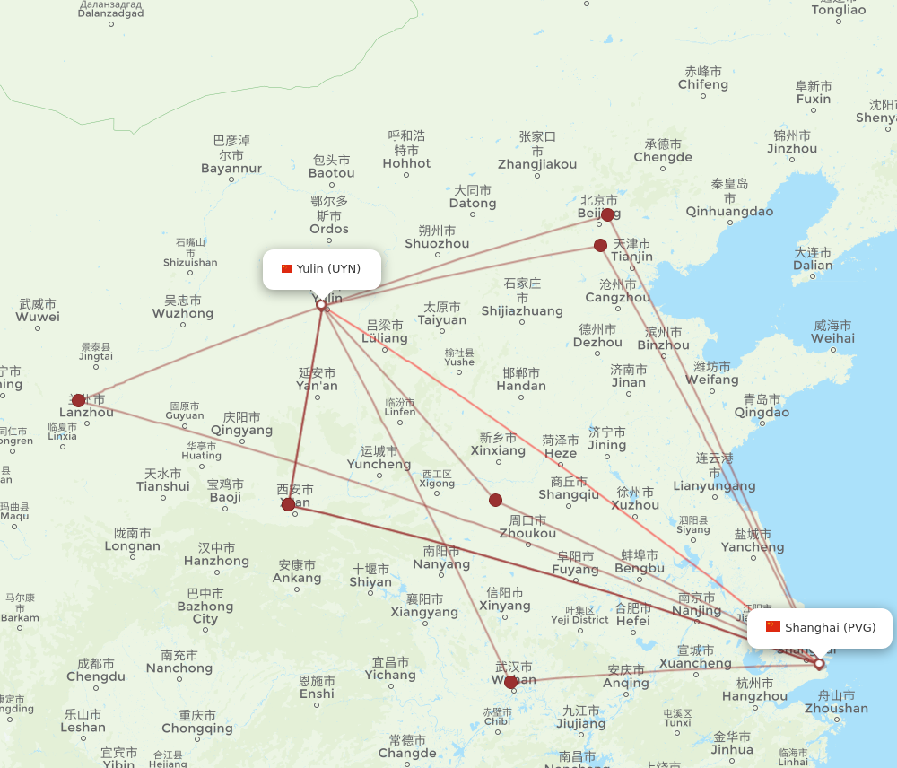 UYN to PVG flights and routes map