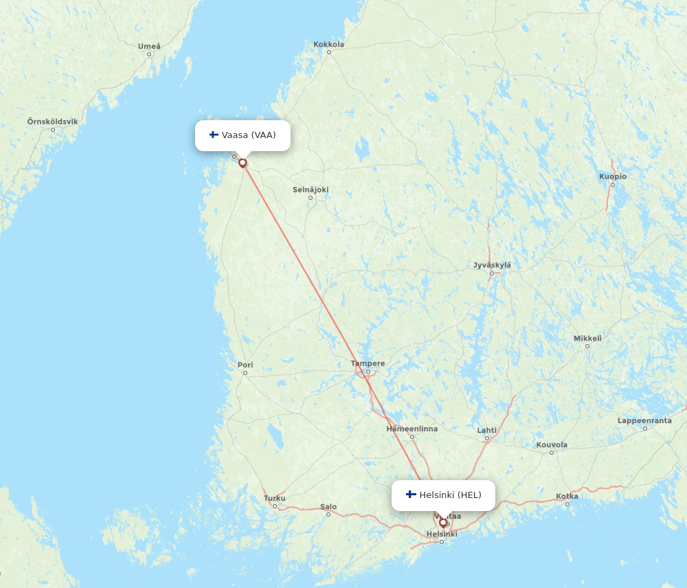 Vaasa - Helsinki route map and flight paths