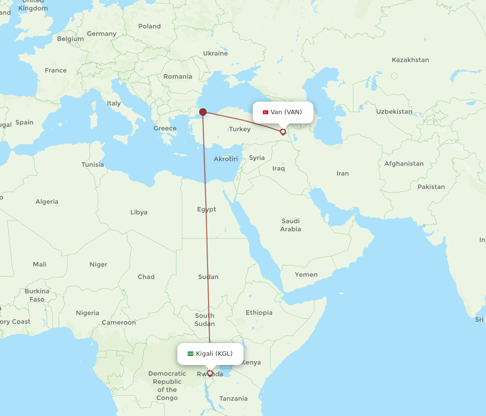 Kigali - Van route map and flight paths