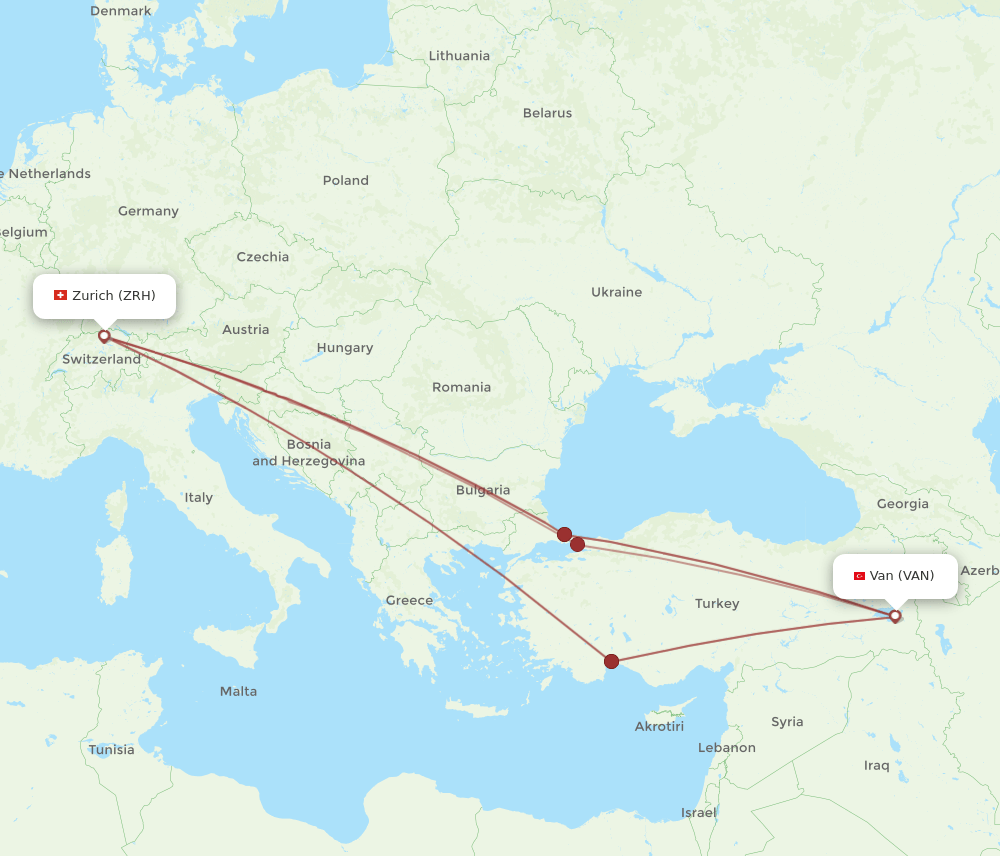 Zurich - Van route map and flight paths