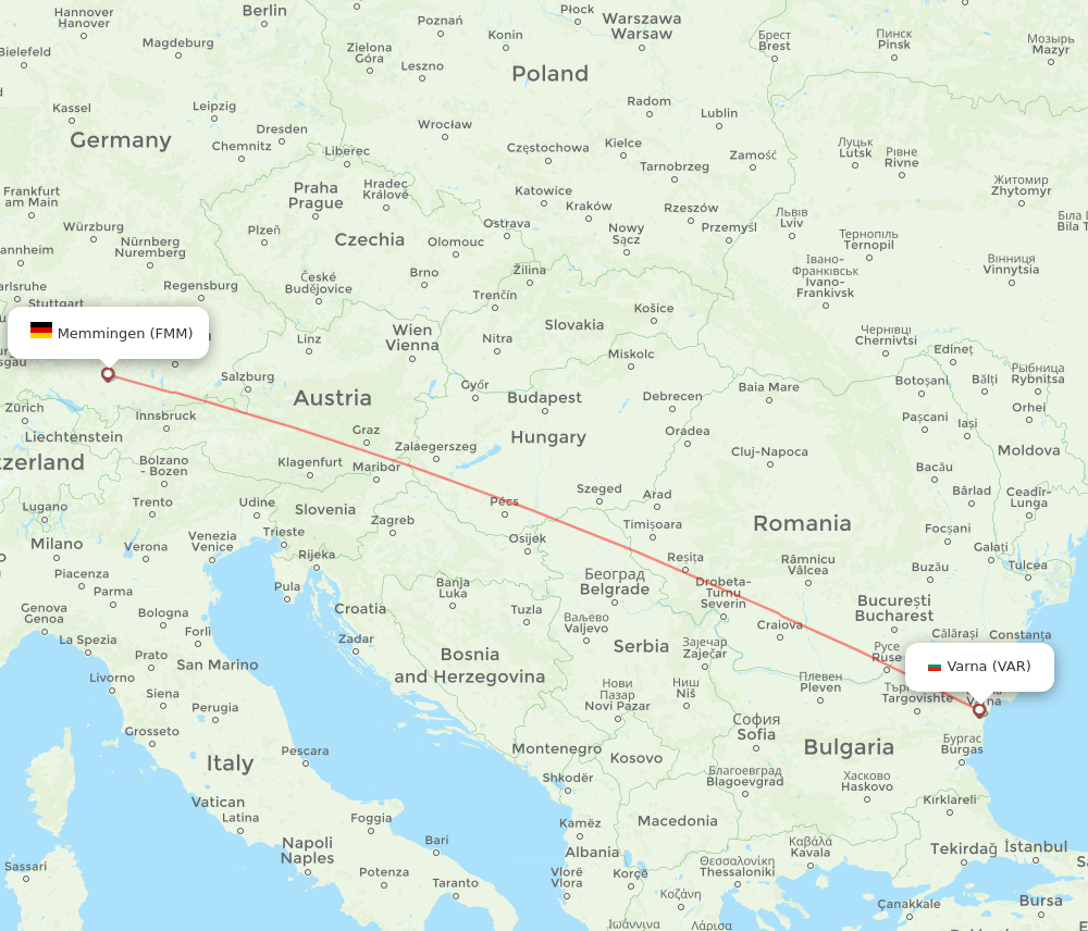 Varna - Memmingen route map and flight paths
