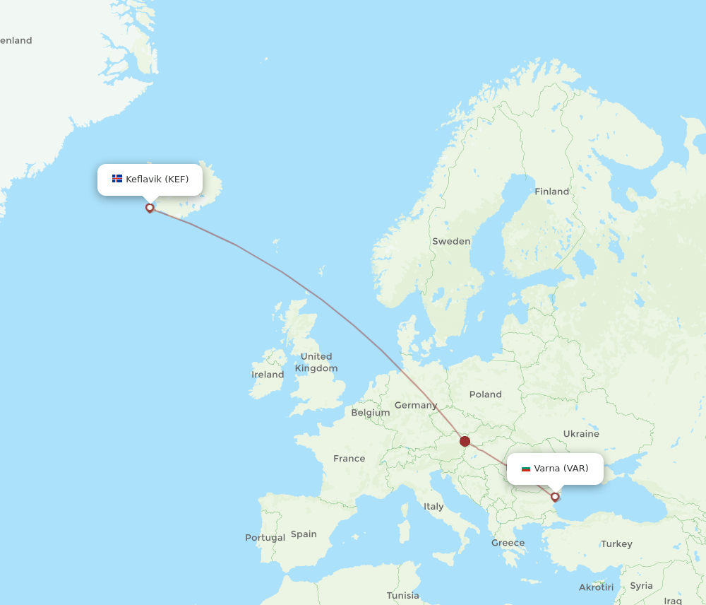 Reykjavik - Varna route map and flight paths
