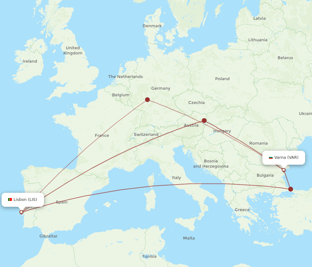 VAR to LIS flights and routes map