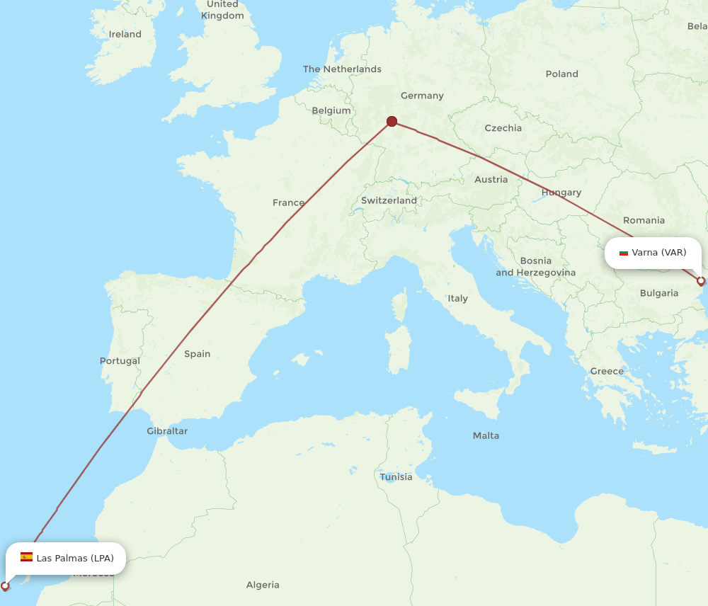 Las Palmas - Varna route map and flight paths
