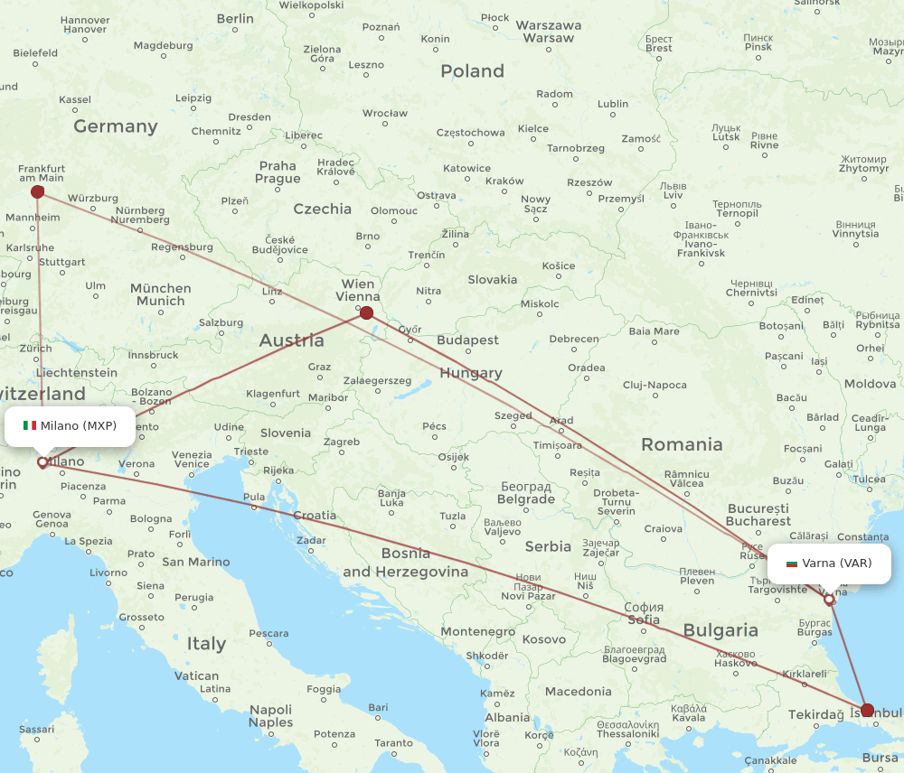 VAR to MXP flights and routes map