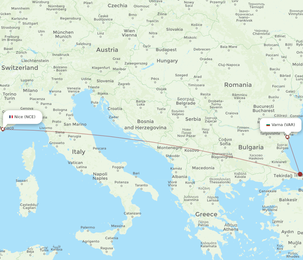 VAR to NCE flights and routes map