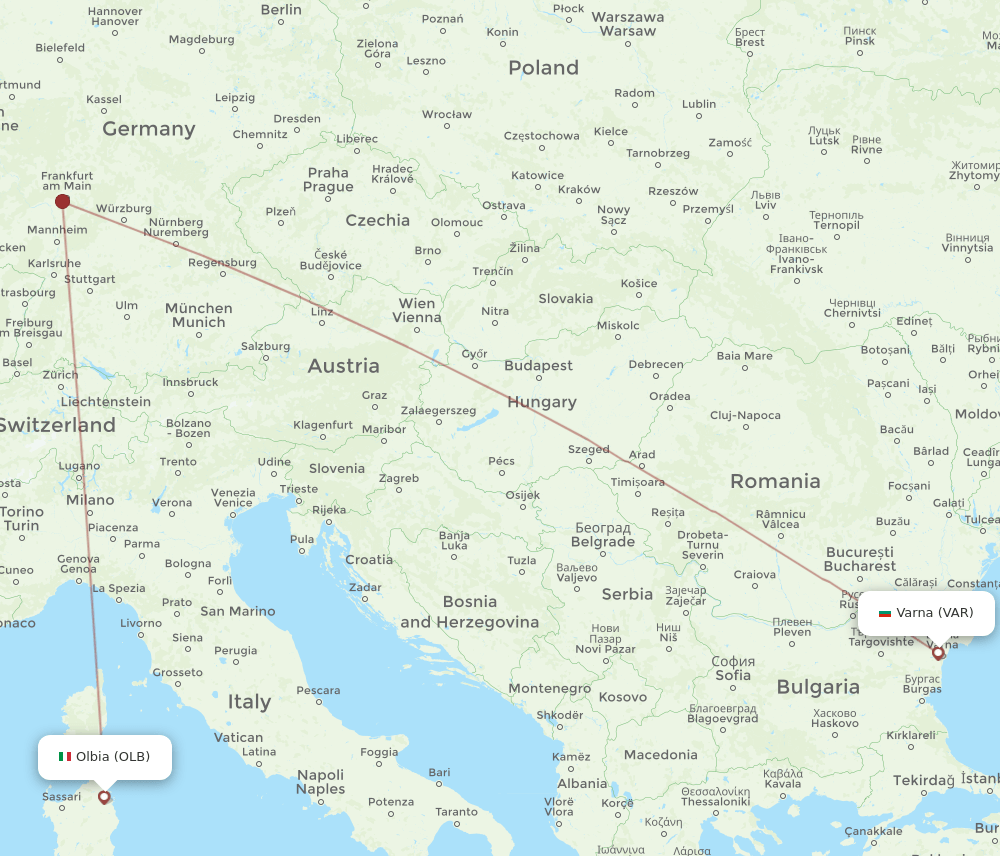 Olbia - Varna route map and flight paths