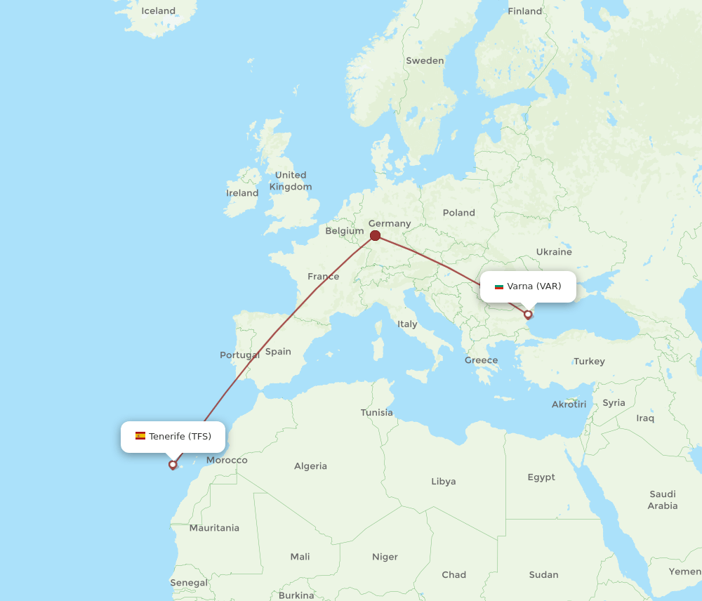 Tenerife - Varna route map and flight paths