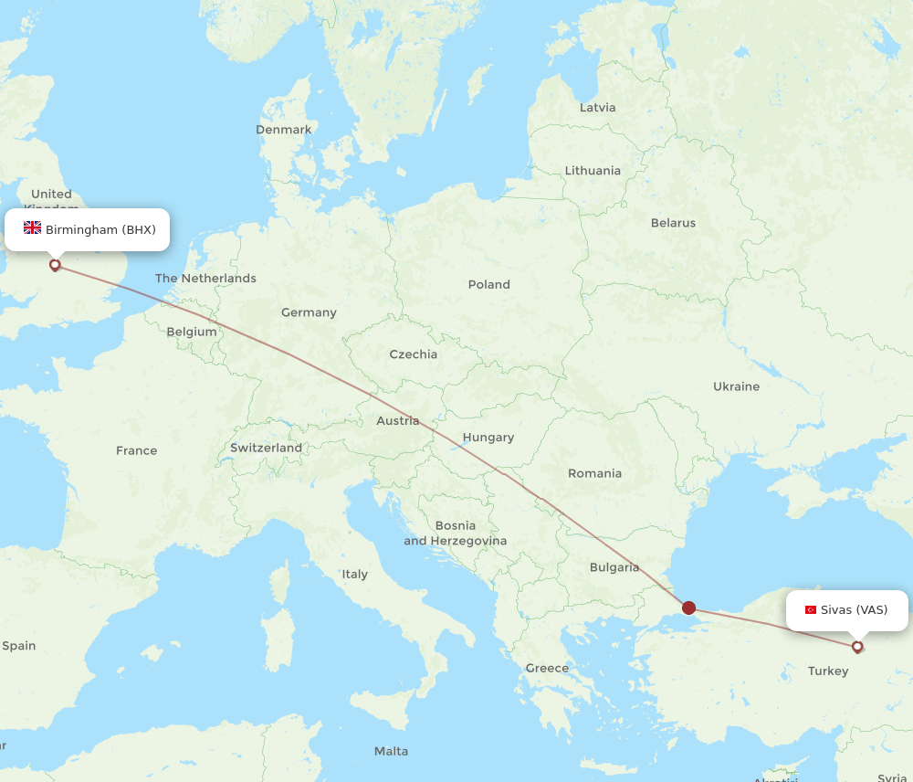 Birmingham - Sivas route map and flight paths