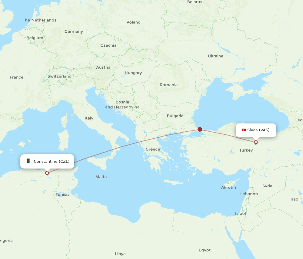 Constantine - Sivas route map and flight paths