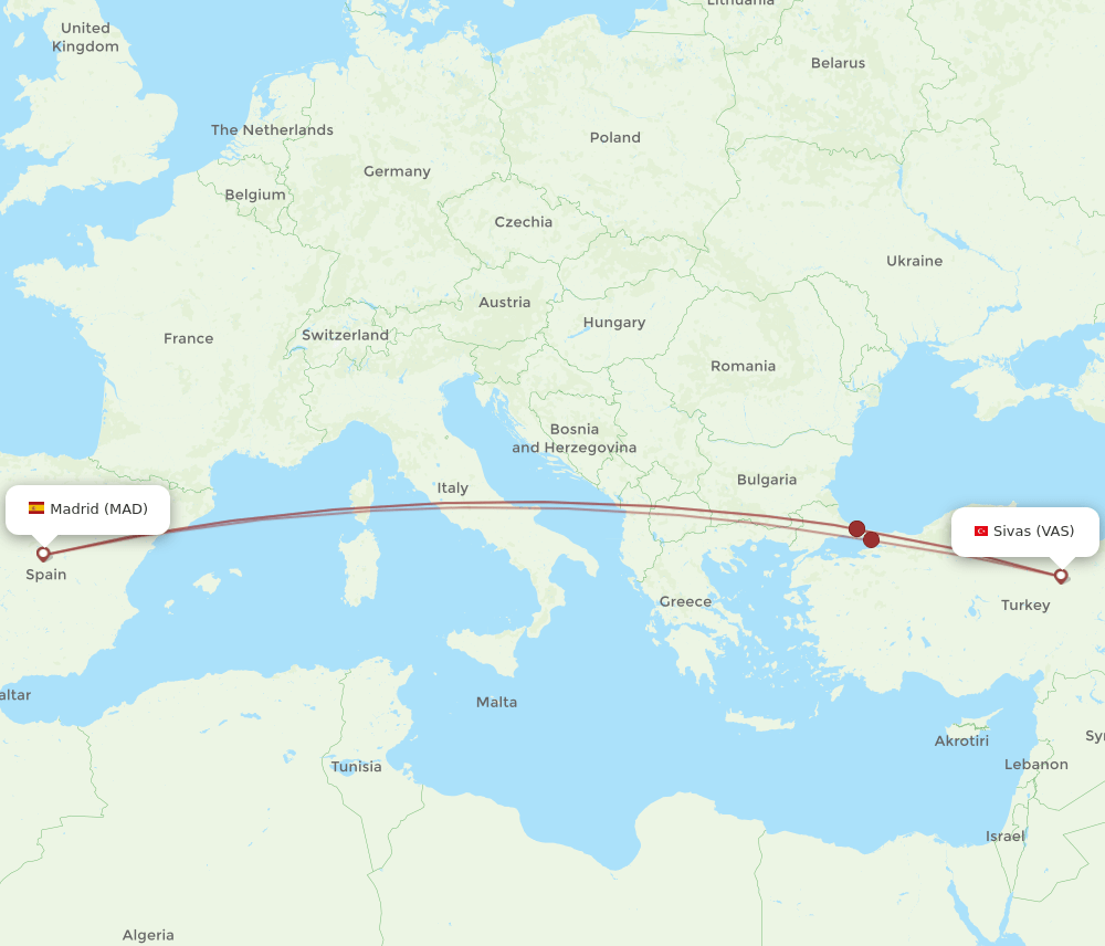 Madrid - Sivas route map and flight paths