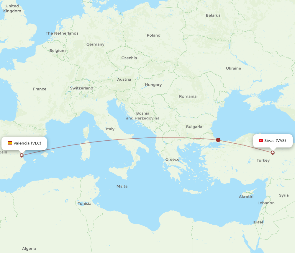 Valencia - Sivas route map and flight paths
