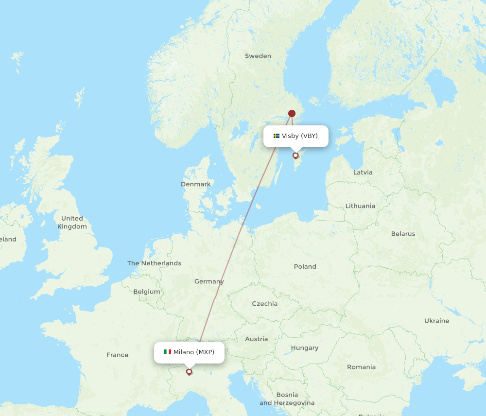 Milan - Visby route map and flight paths