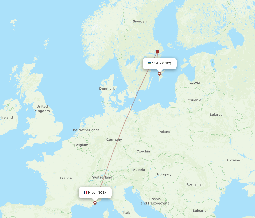 Nice - Visby route map and flight paths