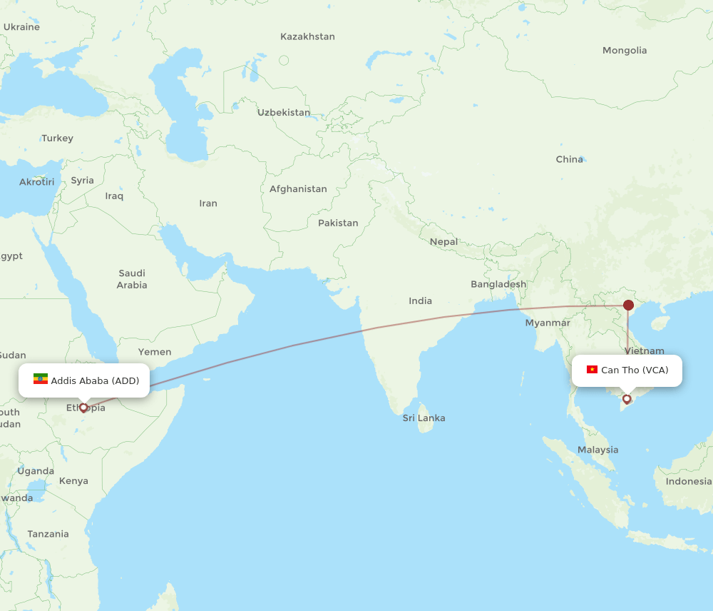 Addis Ababa - Can Tho route map and flight paths