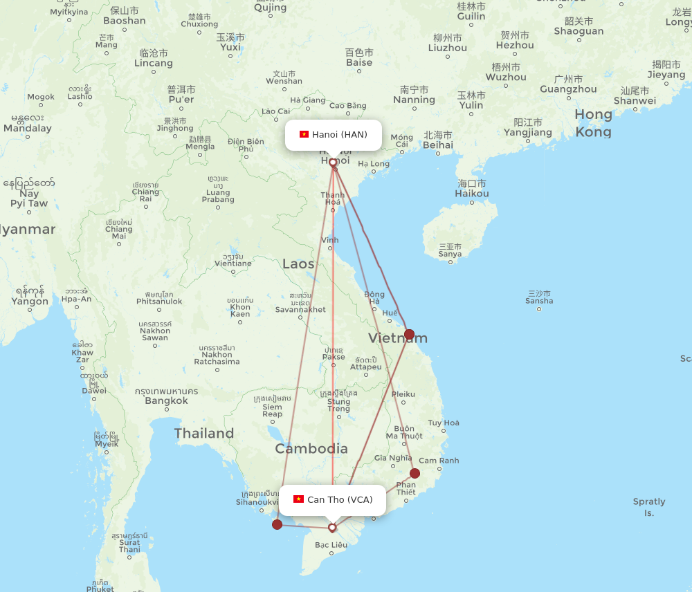 VCA to HAN flights and routes map