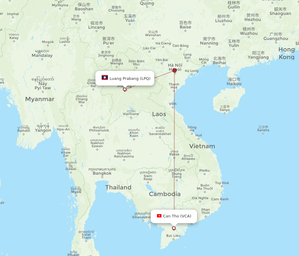 Luang Prabang - Can Tho route map and flight paths