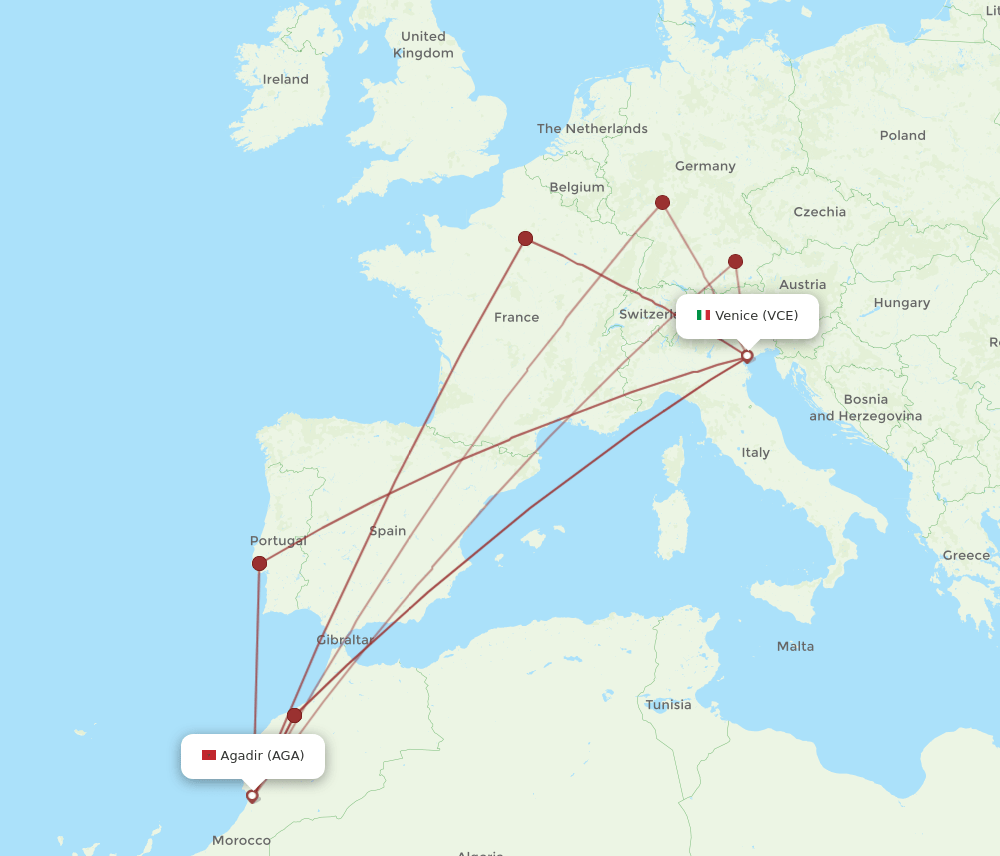 VCE to AGA flights and routes map