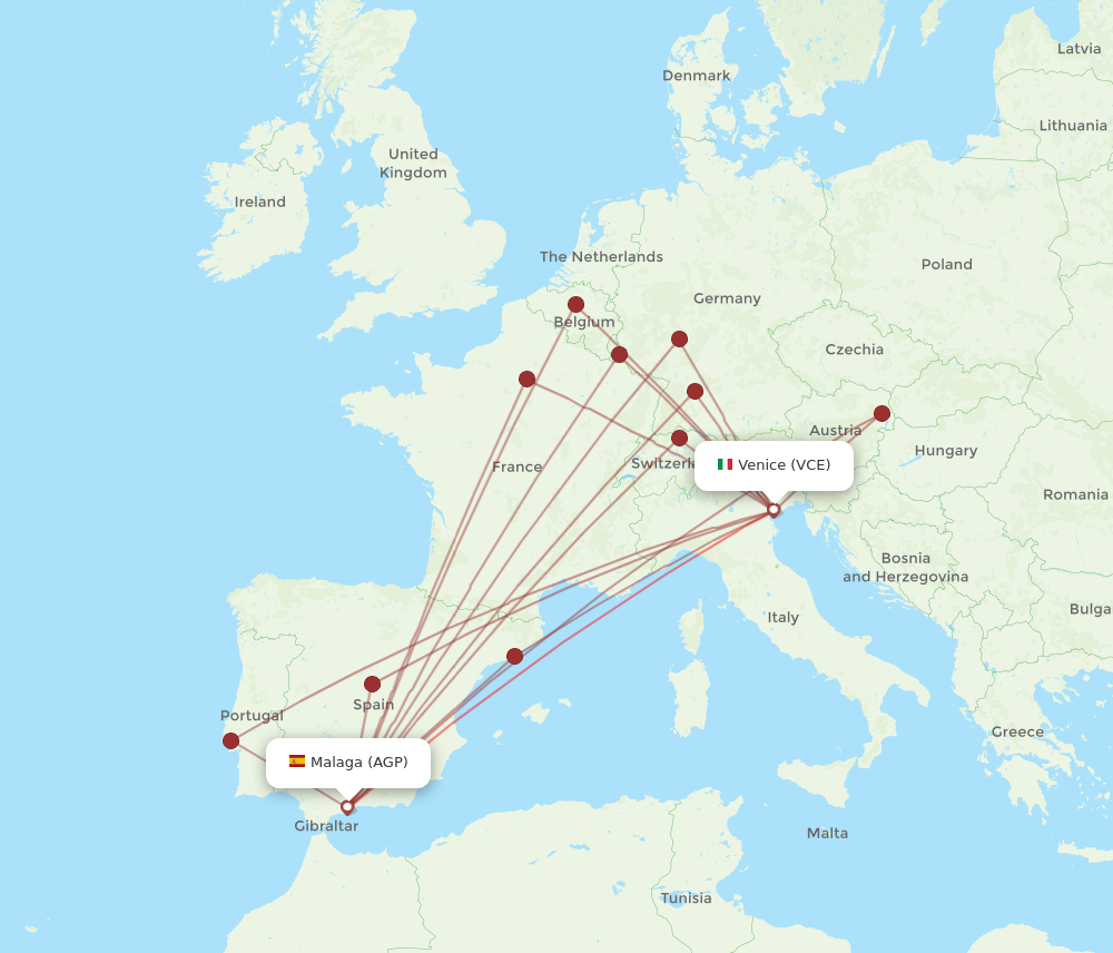 VCE to AGP flights and routes map