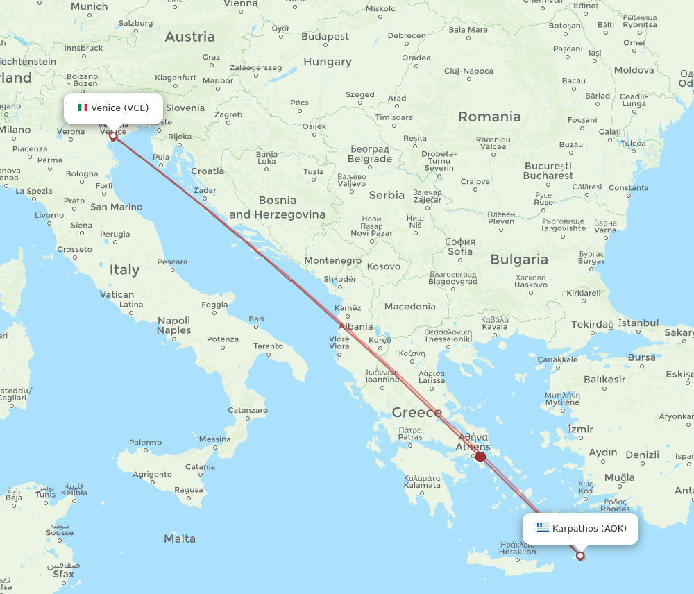 Venice - Karpathos route map and flight paths