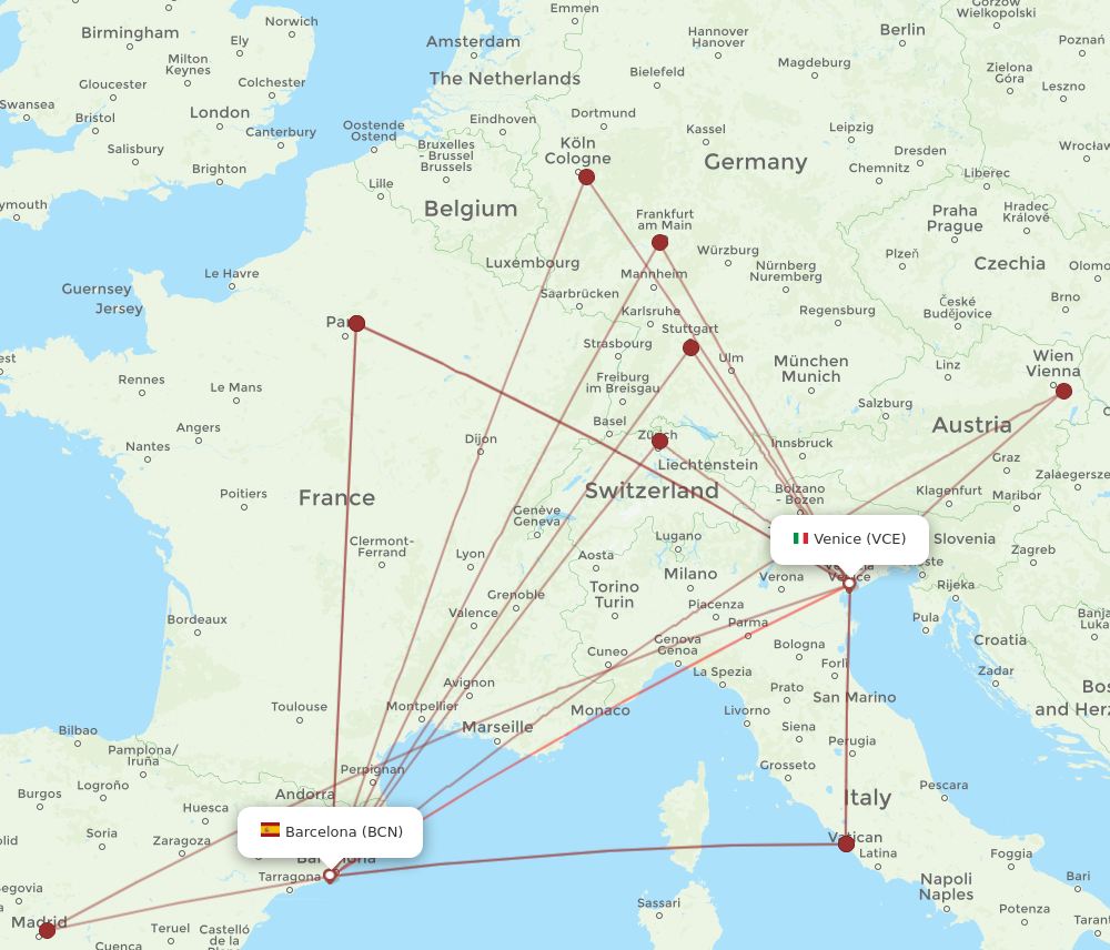 VCE to BCN flights and routes map