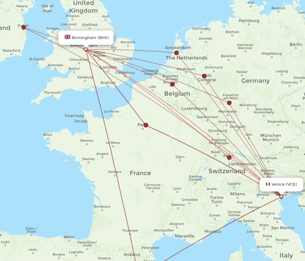 VCE to BHX flights and routes map