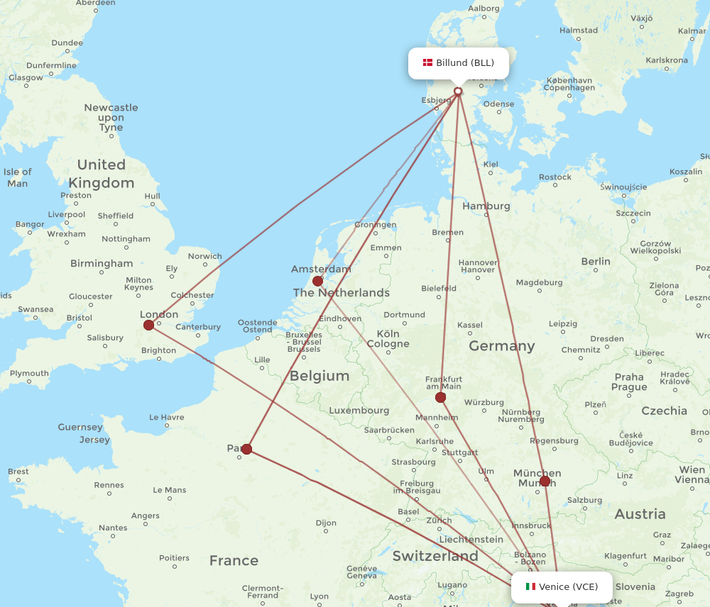 VCE to BLL flights and routes map