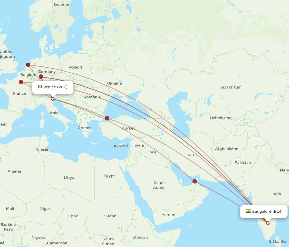 VCE to BLR flights and routes map