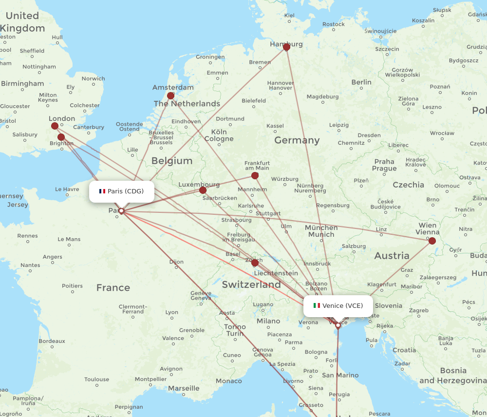 VCE to CDG flights and routes map
