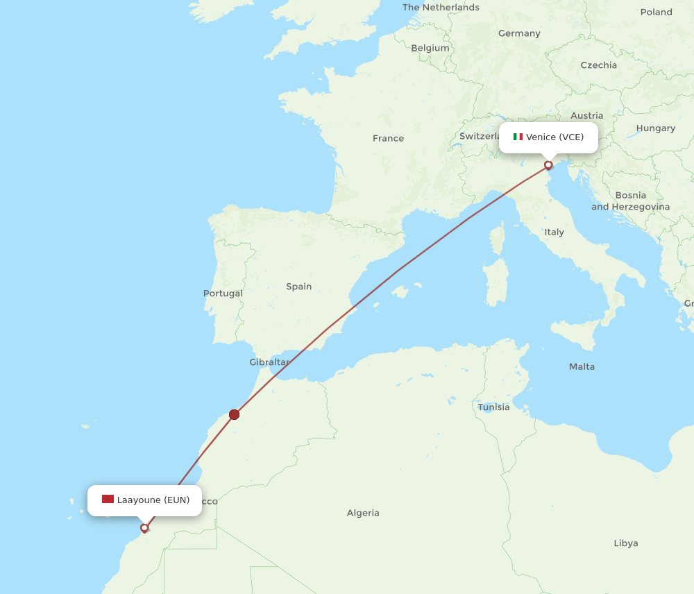 Venice - Laayoune route map and flight paths