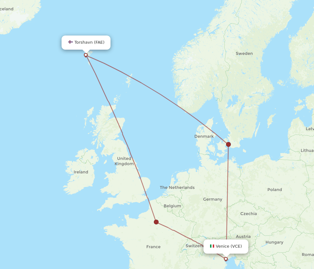 VCE to FAE flights and routes map