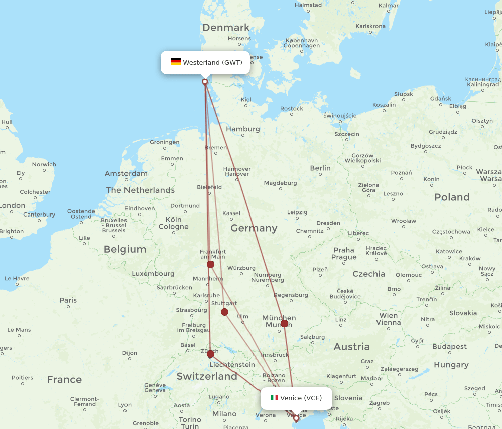VCE to GWT flights and routes map