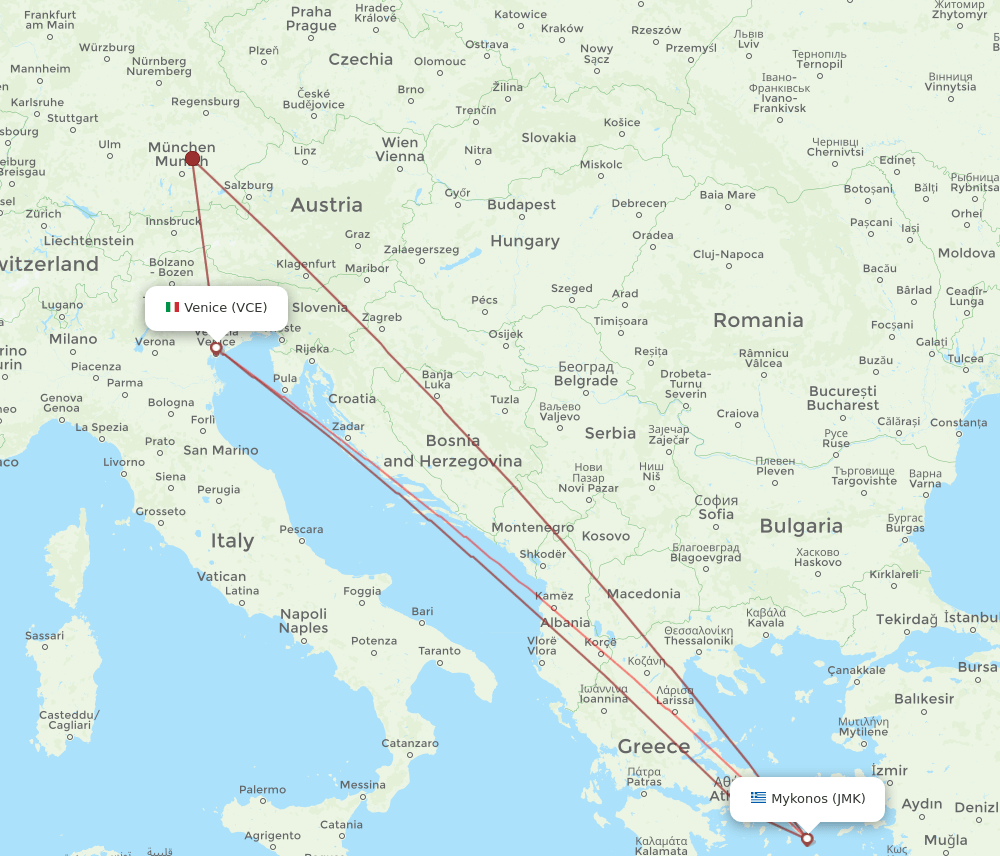 VCE to JMK flights and routes map