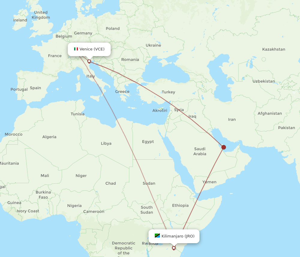 Kilimanjaro - Venice route map and flight paths