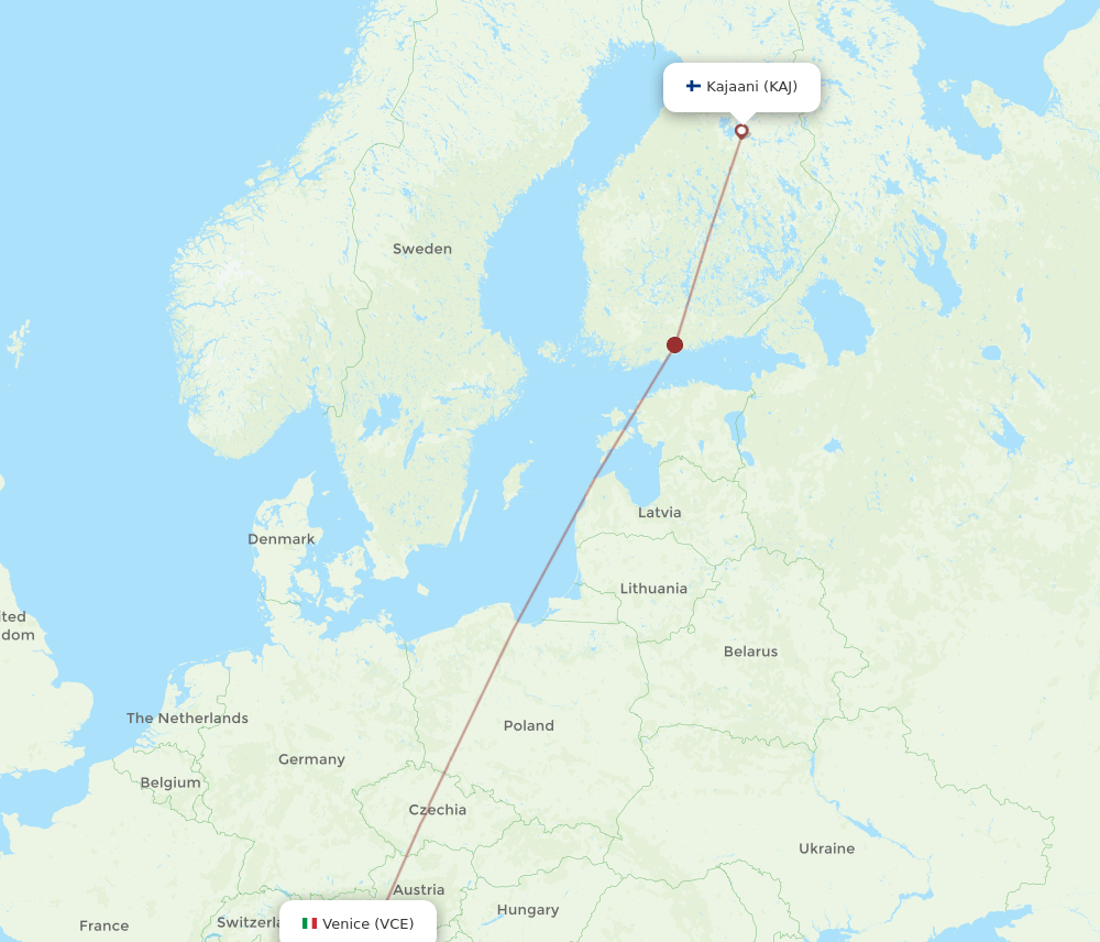 Kajaani - Venice route map and flight paths