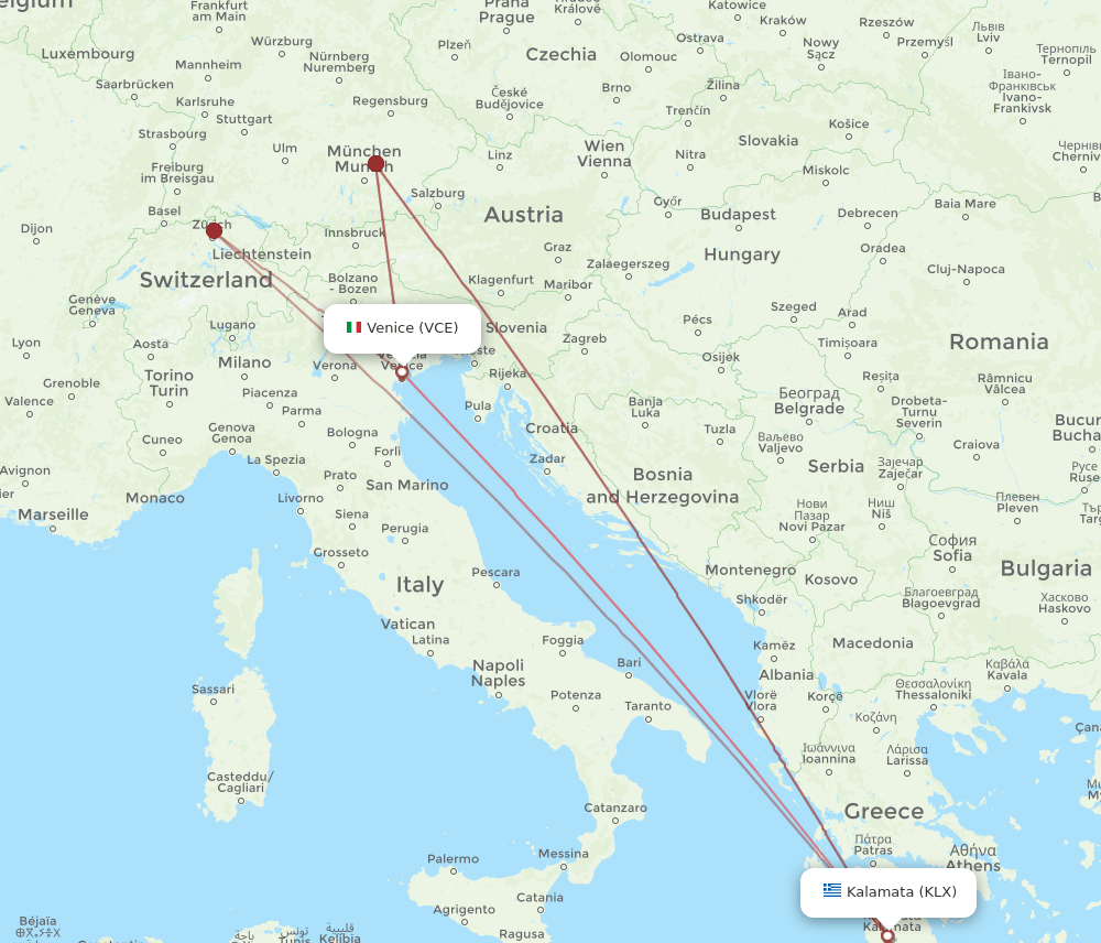 VCE-KLX flight routes