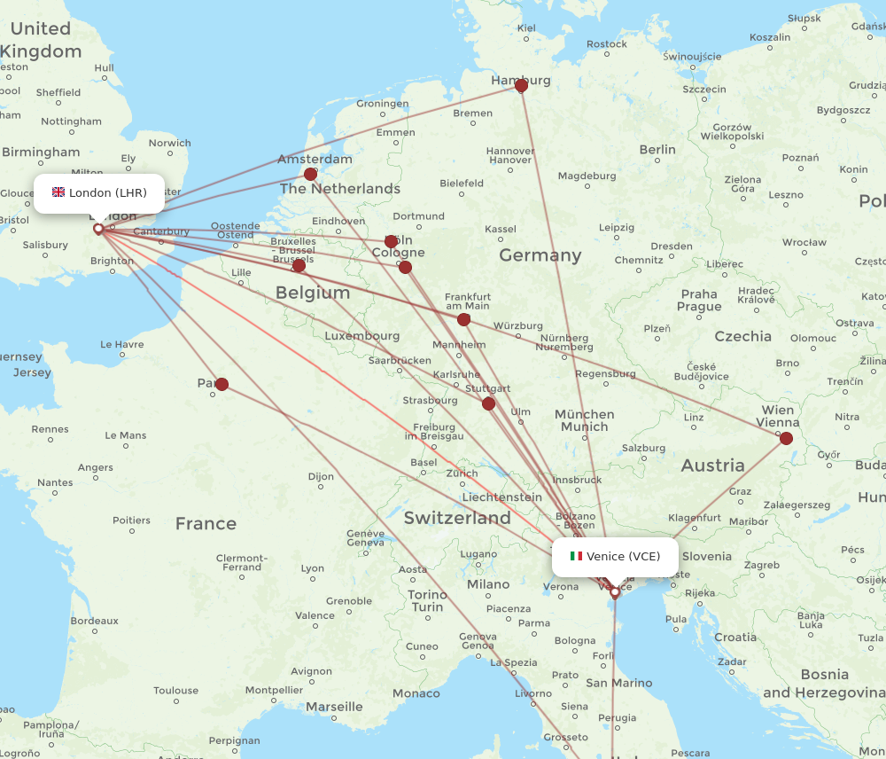 VCE to LHR flights and routes map