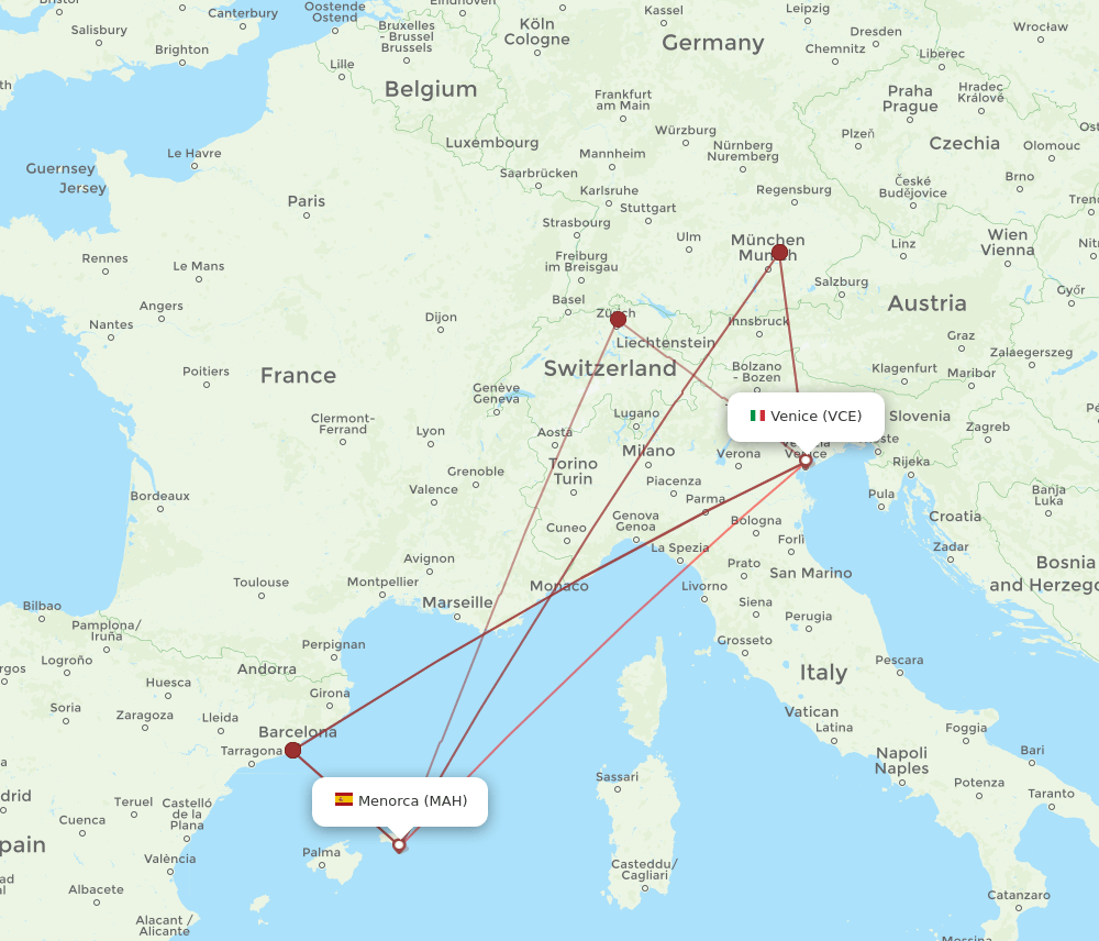 VCE to MAH flights and routes map