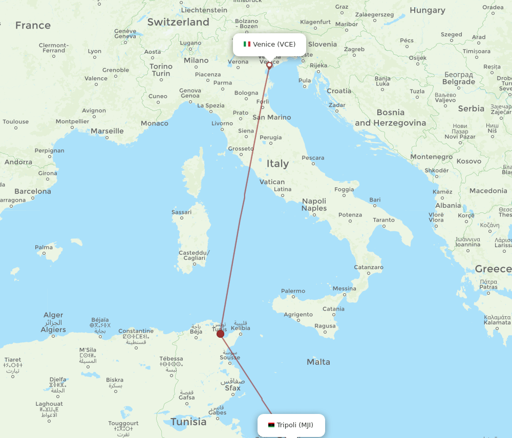 MJI to VCE flights and routes map