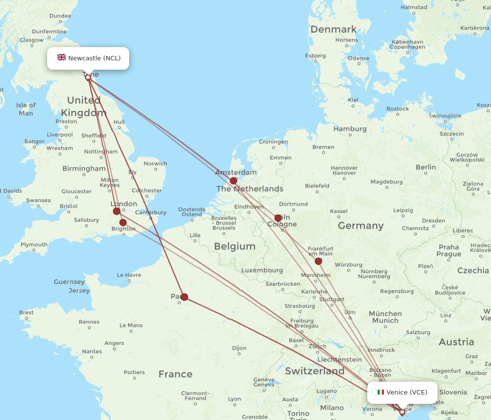 VCE to NCL flights and routes map