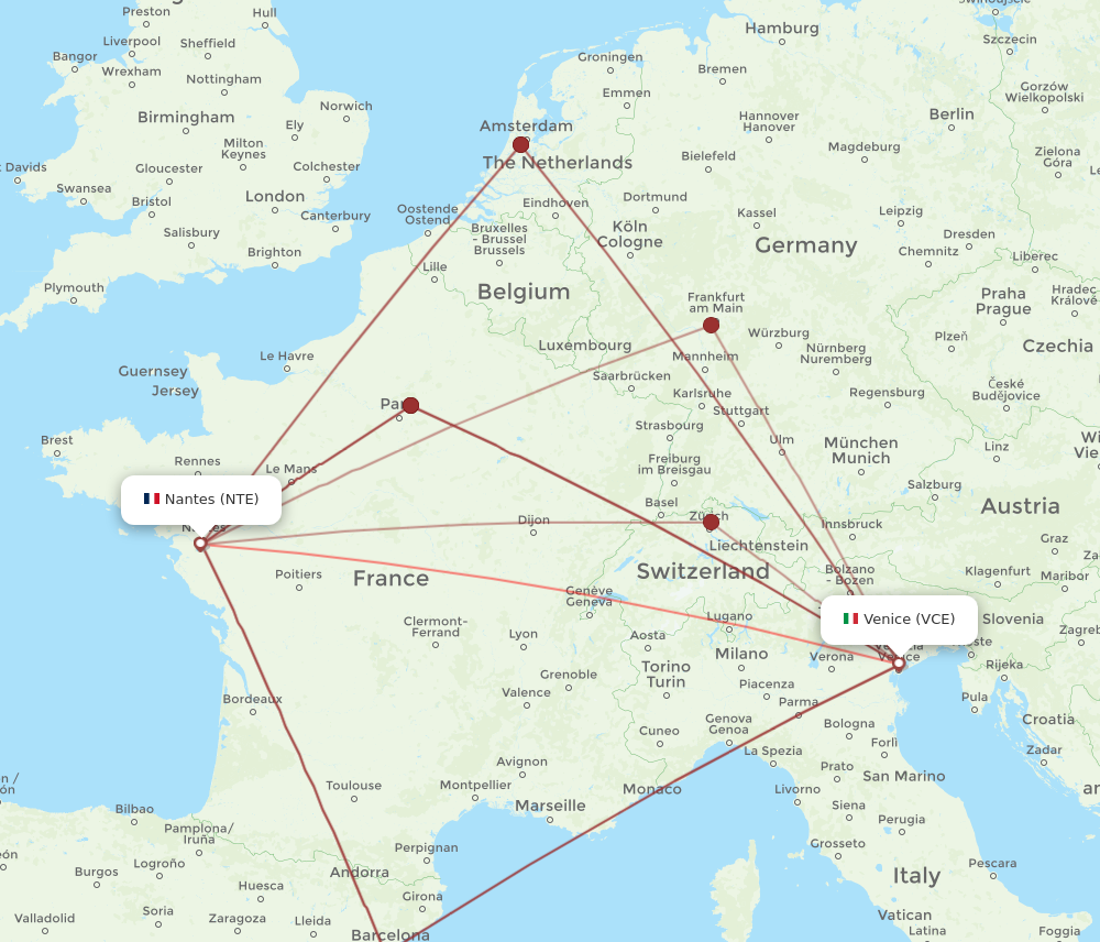 VCE to NTE flights and routes map
